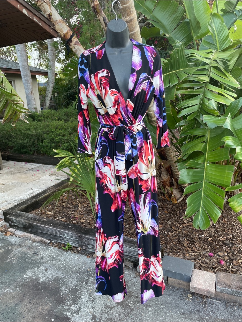 dark floral wide leg jumpsuit